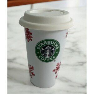 Starbucks Coffee 2010 Red Snowflake Christmas Travel Mug With Silicone Lid